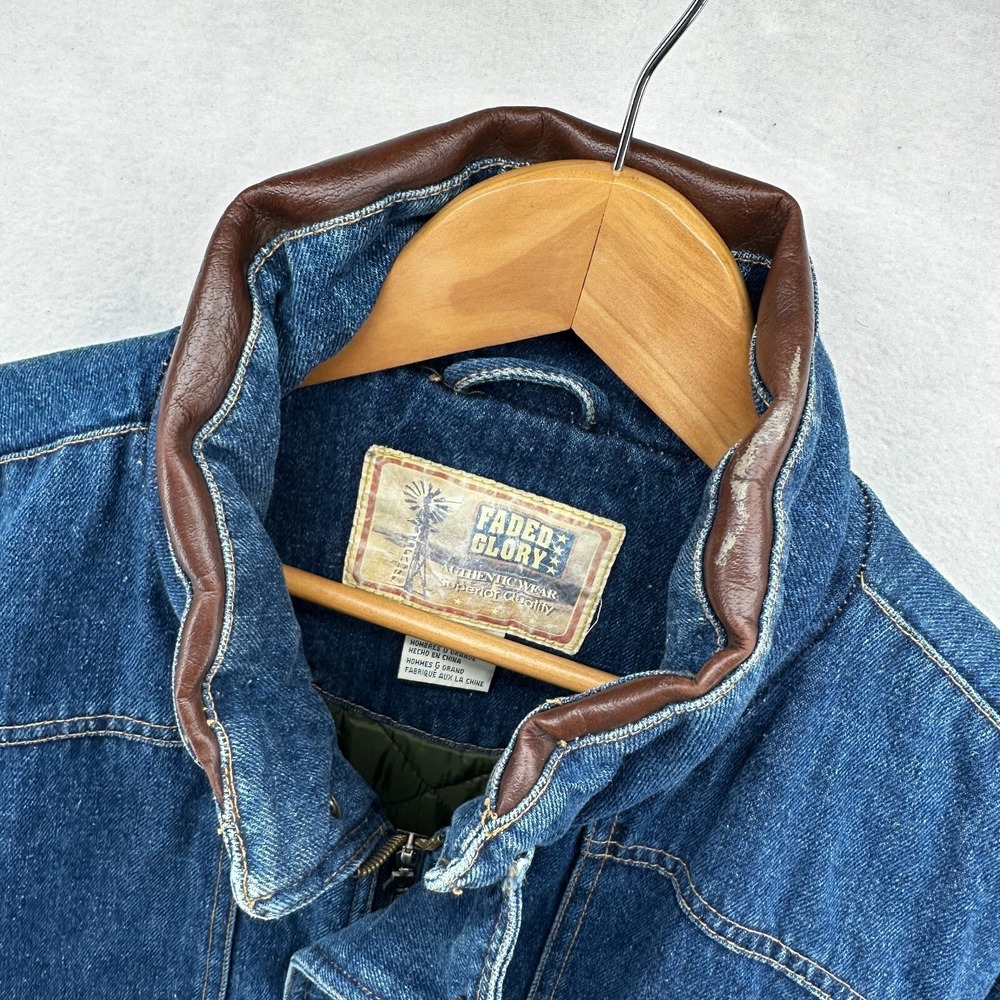 Vintage Faded Glory Denim Chore‎ Coat Men's Large Thermal Lined Leather Collar - Picture 4 of 16